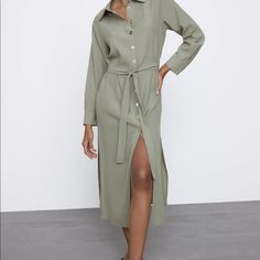 Olive Green Midi Button Shirt Dress Casual Button-up Office Dress, Casual Midi-length Shirt Dress With Placket, Casual Midi Length Shirt Dress With Placket, Casual Button Front Midi Shirt Dress, Casual Collared Neckline Shirt Dress For Office, Casual Office Shirt Dress For Spring, Casual Dress With Button Cuffs And Spread Collar, Casual Collared Shirt Dress For Office, Chic Shirt Dress With Button Cuffs For Day Out