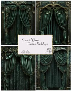 green curtain backdrops with gold trim and draperies on the sides, set of four