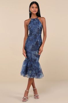 Navy Blue Floral Dress - Trumpet Midi Dress - Organza Midi Dress - Lulus Something Blue Dresses, Wedding Cocktail Dress Guest, March Wedding Guest Dress, Rehearsal Dinner Dress Guest, Blue Semi Formal Dresses, Wedding Guest Midi Dress, Wedding Guest Midi Dresses, Blue Wedding Guest Dresses, Garden Formal