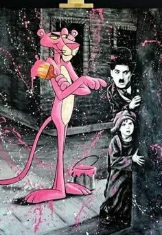 an image of a pink cartoon character with two children