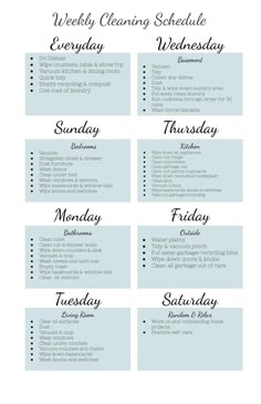 the weekly cleaning schedule is shown in black and white, with blue trimmings