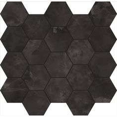 black hexagonal tile with dark grey grouting on the bottom and sides