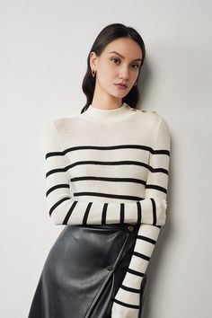 Indulge in the soft touch of our navy-striped Australian wool sweater. Impeccably knit, this sweater ensures both style and luxury. Featuring a chic crew neck design, it's a timeless addition to your wardrobe. Sweater For Women, Merino Wool Sweater, Navy Stripes, Wool Sweater, Green Stripes, Stripes Design, Wool Sweaters, Neck Designs, Black Stripes