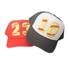 🥎 Softball fans! Sport yours or your loved ones' numbers in style with this custom softball hat🧢!  This custom trucker hat features chenille varsity number patches ironed on with industrial grade heat to ensure a secure bond.  The trucker hat is a high quality, mid profile, 5-panel hat with a built in sweat band.  The fit is perfect for men or women, yet it still fits women well & is not too big, bulky, and is not high sitting on the head.  This is a great gift for a softball lover, softball m Varsity Hats For Baseball Season, Varsity Style Adjustable Baseball Cap For Baseball Season, Adjustable Varsity Baseball Cap For Baseball Season, Varsity Adjustable Baseball Cap For Baseball Season, Sports Fan Hat With Flat Bill For Baseball Season, Sports Fan Flat Bill Hats For Baseball Season, Fitted Cap For Baseball Season Game Day, Adjustable Varsity Hats For Baseball Season, Fitted Cap For Game Day During Baseball Season