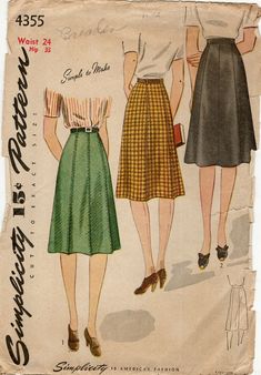 Simplicity 4355 Skirt w Stitched Seams & Crease Effect or Gored Sz 24" Waist CUT 1940s Skirt Pattern, 1940s Skirt, Fashion 40s, Gored Skirt, Skirts Vintage, Clothing Diy, 40s Fashion, Vintage Wardrobe, Old Lady