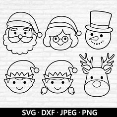 christmas faces with santa claus, snowman and reindeers in hats svg dxf