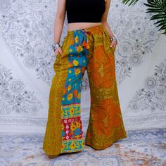 "Kantha  Cotton Flowy Pants, Summer Palazzo Pants, Upcycled Trousers, Sustainable Fashion, Boho Style, 70s Pants, Vintage Wide Leg Pants Kantha is a type of embroidery originating from the Indian subcontinent, specifically from the regions of Bangladesh and West Bengal in India. It is characterized by running stitches that are often used to repurpose old saris and fabrics into new unique and colorful pieces These Vintage Kantha Bohemian Trousers with Pockets are stylish, handstitched trousers cr Spring Patchwork Full Length Pants, Summer Patchwork Full Length Bottoms, Hippie Pants With Pockets, Bohemian Wide Leg Pants With Pockets, Retro Cotton Wide Leg Full Length Pants, Summer Full Length Patchwork Pants, Retro Cotton Wide Leg Pants With Pockets, Hippie Wide Leg Pants With Loosely Fitted Hips, Retro Wide Leg Cotton Pants With Pockets