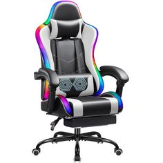 a black and white gaming chair with rainbow accents