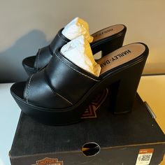 Item Is In Excellent Condition. Brand New. Super Cute Black High Heel Platform Mules, Trendy Black Mules With Deep Heel Cup, Black Synthetic Mules With Padded Heel, Black Platform Mules For Formal Occasions, Formal Black Platform Mules, Black Mules With 4-inch Block Heel, Black Mules With Deep Heel Cup And Medium Width, Black Mules With Deep Heel Cup For Night Out, Black Wedge Heel Mules For Evening