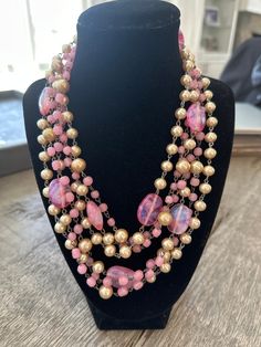 Gorgeous signed Miriam Haskell necklace. Variety of light pink glass beads and pearls. Vintage Pink Beaded Necklace With Round Beads, Pink Multi-strand Necklace For Parties, Pink Pearl Chain Beaded Necklaces With Round Beads, Pink Vintage Beaded Necklaces With Colorful Beads, Elegant Pink Beaded Necklaces With Round Beads, Pink Pearl Chain Beaded Necklace With Round Beads, Pink Pearl Chain Necklace With Round Beads, Elegant Pink Pearl Necklace With Beaded Chain, Elegant Pink Beaded Necklace With Round Beads