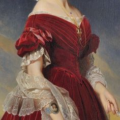 a painting of a woman in a red dress holding a white cane and looking at the camera