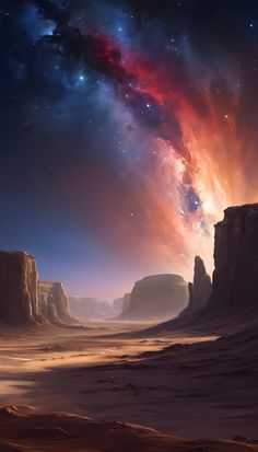 an artist's rendering of a desert landscape with mountains and stars in the sky