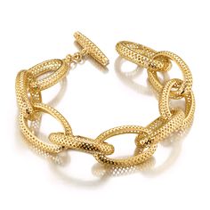 This large 18k yellow gold oval link bracelet features our signature grid pattern crownwork® so its light on the wrist but heavy on style. The clasp is a stylish and secure toggle with diamonds studded at each end for that extra touch of luxury. A classic piece to be worn everyday. MATERIAL: 18k Yellow Gold DIMENSIONS: 8.5" Luxury Gold Bracelet With Oval Link, Luxury Gold Oval Link Bracelet, Classic Bracelet With Toggle Clasp And Oval Link, Elegant Metal Bracelets With Toggle Clasp, Elegant Oval Link Chain Bracelet, Elegant Oval Jubilee Chain Bracelet, Classic Gold Bracelet With Toggle Clasp, Elegant Oval Link Chain Bracelet With Toggle Clasp, Luxury Round Chain Bracelet With Spring Ring Clasp