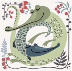 an illustration of two alligators in the shape of a letter c with flowers and leaves