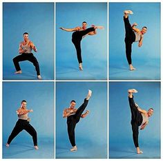 multiple pictures of a man doing yoga poses with his hands in the air and arms out