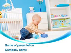 a baby playing with toys on the floor in a room that has blue walls and white carpet