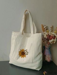 BirdinBag - Sunflower and Letter Graphic Shopper Bag - Ideal for Graduates and Students Inch Bag, Style Preppy, Travel School, Bags Tote, Shopper Bag, Handle Bag, Womens Tote Bags, Tote Bags, Sunflower