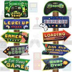 PRICES MAY VARY. Durable Material: The video game welcome signs are made of thick card stock, durable and reusable, their single-sided printing in vibrant colors is not easy to fade, lasting for a long time. Vibrant Colors: The video game directional signs are printed in bright and vibrant colors that are easy to read and notice. Asymmetrical Design: The video game signs are designed in different sizes, adding an asymmetrical beauty to the interior decoration in your house. Game Themed Design: T Playstation Party, Game Timer, Game Signs, Gamer Wedding, Video Games Birthday Party, Console Game, Video Games Birthday, Video Game Party, Backyard Lawn