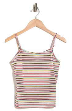 Horizontal stripes lend summertime charm to this soft and stretchy cami that's sure to be a go-to on warmer days. Scoop neck Adjustable straps 80% polyester, 16% rayon, 4% spandex Machine wash, dry flat Made in the USA of imported fabric Summer Striped Ribbed Tops, Summer Ribbed Tank Top With Tank Straps, Striped Ribbed Cotton Tank Top, Fitted Striped Tank Top With Spaghetti Straps, Striped Fitted Tops With Tank Straps, Fitted Striped Tops With Tank Straps, Trendy Striped Stretch Tank Top, Trendy Striped Cotton Tank Top, Striped Fitted Tank Top With Tank Straps