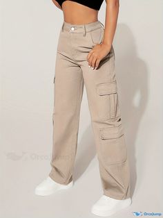 Orcajump - Flap Pockets Casual Straight Jeans, Loose Fit Y2K Style Cargo Pants, Women's Denim Jeans & Clothing Khaki Denim Cargo Pants, Khaki Full Length Jeans For Spring, Fitted Khaki Cargo Jeans Casual, Spring Khaki Jeans With Hip Pockets, Spring Full Length Khaki Jeans, Khaki High Waist Jeans With Cargo Pockets, Casual High Rise Khaki Jeans, Casual Fitted Khaki Cargo Jeans, Casual High Waist Khaki Jeans