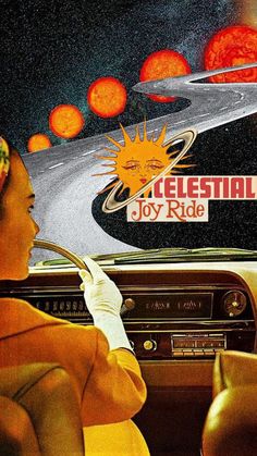 a woman sitting in the driver's seat of a car next to an advertisement for celestial joy ride