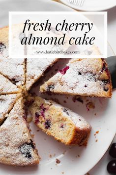 fresh cherry almond cake on a white plate with the words, fresh cherry almond cake