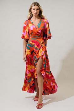 Serene Floral Abelia Hi-Low Maxi Wrap Dress – Sugarlips Floral Print Wrap Dress For Party, Floral Print Wrap Party Dress, Orange Printed Short Sleeve Maxi Dress, Flowy Orange Floral Print Midi Dress, Floral Print Wrap Dress For Vacation, Orange Short Sleeve Midi Dress For Garden Party, Summer Floral Print Wrap Midi Dress, Vibrant Orange Floral Print Maxi Dress, Flowy Floral Print Wrap Dress For Brunch