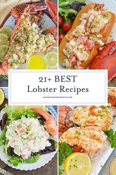 lobster dinner with lemon wedges and shrimp on the side is featured in this collage