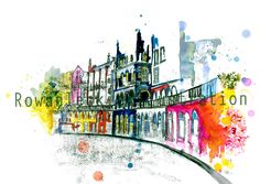 a drawing of a row of buildings with colorful paint splatters on the wall