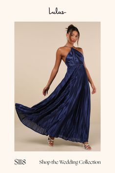 a woman in a long blue dress with the words shop the wedding collection on it