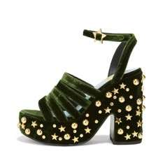 Elevate your style with these Green Velvet Strappy Platform Sandals. Featuring stud embellishments, an open-toe design, and a block heel, these sandals are perfect for making a bold fashion statement. Color: Green Material: Velvet Heel Type: Block heel Heel Height: 5.5" / 140 mm approx Product measurements were taken using size 8. Please note that measurements may vary by size. Toe: Opentoe With platform Studs embellishment Adjustable star buckle ankle strap design Handcrafted US sizing. Fits true to size. Strappy High Heels Sandals, Strappy Platform Sandals, Leandra Medine, Ankle Strap Sandals Heels, Ankle Strap High Heels, Velvet Heels, Ankle Strap Shoes, Embellished Sandals, Block Heel Sandals