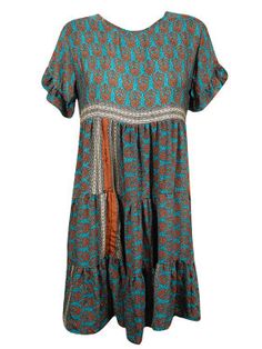 Women Summer Short Dress, Blue-brown Loose Boho Shift Dresses Casual Brown Maxi Dress Beach Cover-up, Casual Brown Maxi Dress For Beach Cover-up, Casual Brown Maxi Dress For Beach, Brown Beachwear Dress For The Beach, Casual Brown Boho Print Dress, Brown Beachwear Dress For Vacation, Brown Boho Beach Dress For Spring, Brown Boho Dress For Beach In Spring, Brown Boho Dress For Beach And Spring