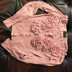 New Never Worn In Excellent Condition Size It 44 Fits True To Size Or Smaller Rayon/Nylon/Spandex Beautiful Fit Gorgeous Dusty Rose Color Shifting Closet, Dusty Rose Color, Pink Ruffle, Rose Color, Dusty Rose, Knit Cardigan, Ruffles, Cardigans, Sweaters For Women