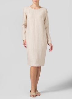 Linen Long Sleeve Mid-Length Dress Chic Long V-neck Formal Dress, Elegant Formal H-line Maxi Dress, Elegant H-line Dresses With Flattering Silhouette, Elegant Sheath V-neck Dress For Formal Occasions, Linen A-line Evening Dress, Classic Long Sleeve Midi Evening Dress, Spring Formal H-line Dress, Classic H-line Formal Dresses, Elegant Spring Maxi Dress With Flattering Silhouette