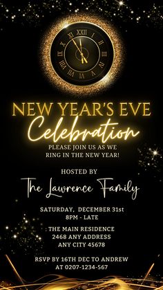 new year's eve celebration flyer with gold sparkles and clock on black background