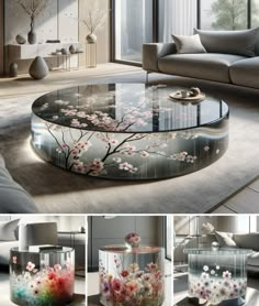 a glass table with flowers painted on it