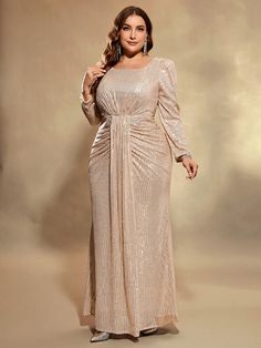 Plus Size Square Neck Sequined Elegant Formal Dress Long Sleeve Prom Evening Wedding Guest Gown, For Graduation, Dinner Apricot Elegant,Party  Long Sleeve Sequins Plain Fitted Slight Stretch  Weddings & Events, size features are:Bust: ,Length: ,Sleeve Length: Plus Size Dinner Dress, Chic Fall Capsule Wardrobe, Nude Long Dresses, Gold Plus Size Dresses, Old Lady Dress, Casual Chic Fall, New Look Clothes, Elegant Formal Dress, Elegant Maternity Dresses