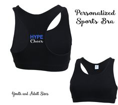 Personalized Sports Bra. Available in Youth and Adult Sizes. I can add any team name or initials to the back of the sports bra in the racerback area as shown. You can message me on here for a mockup of the embroidery in a software font.  Black is the only color sports bra available at this time. 3.39oz., 90/10 cotton/spandex (Exclusive of decoration) -Imprintable covered elastic band Cheap Sports Tops With Name Print, Black Activewear For Training With Team Name, Black Team Spirit Activewear For Training, Cheerleading Sportswear For Sports Season, Team Spirit Activewear For Sports With Moisture-wicking, Team Spirit Moisture-wicking Activewear For Sports, Moisture-wicking Activewear For Cheerleading, Team Spirit Breathable Activewear For Sports Season, Breathable Team Spirit Activewear For Sports Season