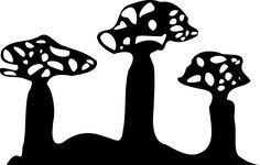 three black and white silhouettes of trees with dots on them, one tree is taller than the other