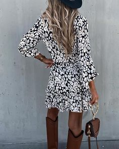 Print Ruffles V-neck Mini Dress P14175 Chic V-neck Dress With Ruffle Hem For Day Out, Chic Flowy V-neck Ruffle Dress, Ruffled Mini V-neck Dress For Vacation, Chic V-neck Ruffle Dress, Casual Mini Dress With Surplice Neckline For Fall, Trendy V-neck Mini Dress With Ruffles, Chic V-neck Dresses With Ruffles, Ruffled Dresses With Surplice Neckline For Date Night, Ruffled Surplice Neckline Dress For Date Night