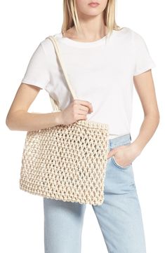 A fresh and fun take on classic net market bags, this slouchy tote features a braided-net exterior topped with knotted leather handles. Style Name:Clare V. Sandy Woven Market Tote. Style Number: 5952111. Available in stores. Casual Woven Bucket Bag For Shopping, Casual Woven Hobo Bag For Shopping, Spring Handwoven Casual Bucket Bag, Spring Casual Handwoven Bucket Bag, Casual Handwoven Spring Bucket Bag, Casual Woven Leather Crochet Tote Bag, Casual Crochet Bag With Woven Leather In Natural Color, Casual Woven Leather Bucket Bag For Shopping, Casual Crochet Leather Woven Tote Bag