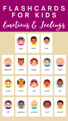 the flashcards for kids'emotions and feelings are shown in this graphic style, which includes