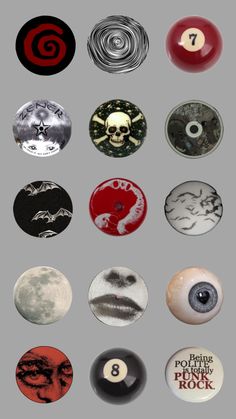 an assortment of buttons with different designs on them