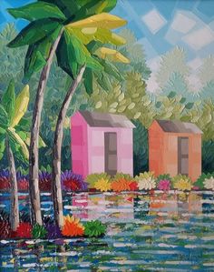 an oil painting of beach huts in the water with palm trees and flowers around them