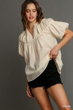 Experience effortless style and comfort with our Kate Modal Pleated Split Neck Ruffle Top in Cream! Made from soft modal fabric, this top features delicate pleating, a flattering split neck, and charming ruffle details. Elevate any outfit with this versatile and elegant top. Portugal Summer, Ruffle Top Blouses, Crepe Top, Cut Top, Modal Fabric, My Fashion Style, Kids Outfits Girls, Neck Ruffle, Ruffle Top