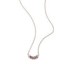 This dainty necklace features an array of natural gemstones  creating a beautiful rainbow of color. It’s crafted in charming 14-karat rose gold with an adjustable cable chain and lobster clasp to keep it secure. Wear it alone  or layer it with other necklaces. Multi Gemstone Necklace, Beautiful Rainbow, Dainty Necklace, The Rainbow, Orange And Purple, Cable Chain, Gemstone Necklace, Lobster Clasp, Natural Gemstones