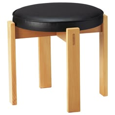 a wooden stool with a black leather seat