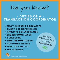 a blue poster with the words did you know? duties of a transaction cordirator