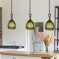 two stained glass lights hanging over a kitchen island with flowers in vases on the counter