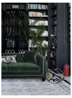 a green velvet couch in front of a bookshelf